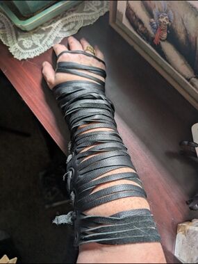 Black Wrap Leather Elbow Length Gloves / Arm Cuffs (Pair)